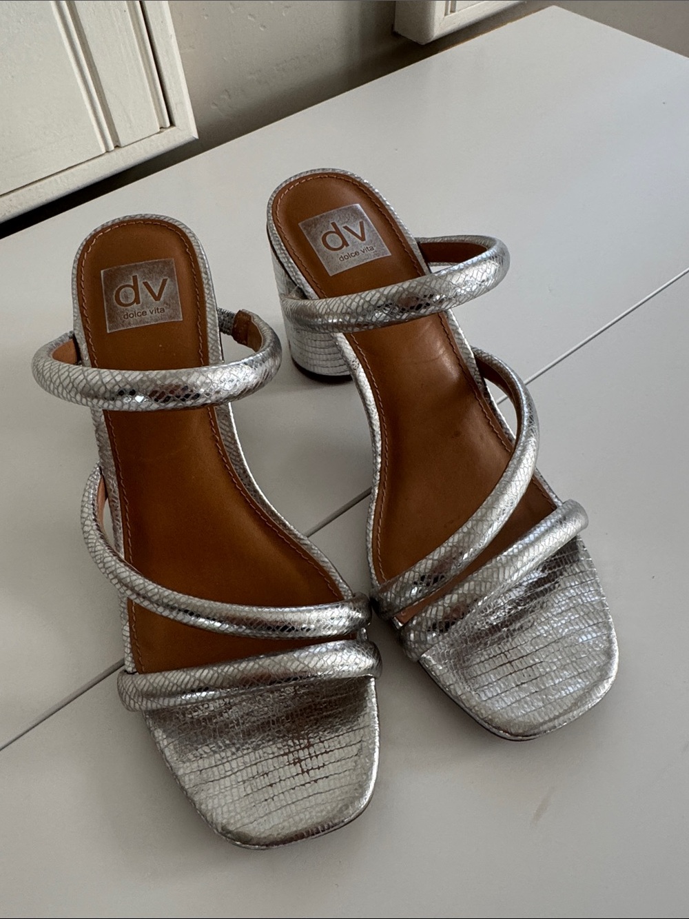 DV by Dolce Vita Metallic Silver Triple-Strap Block Heel Sandals